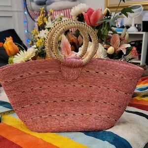 Chic Pink Woven Tote with Circular Handles